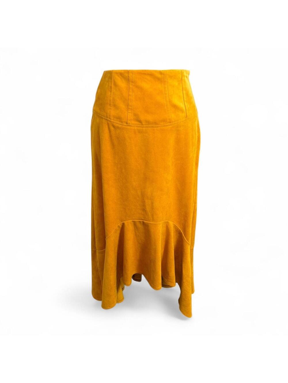 Anthropologie Maeve Cosima Flounced Suede Midi Skirt in Mustard Size 0